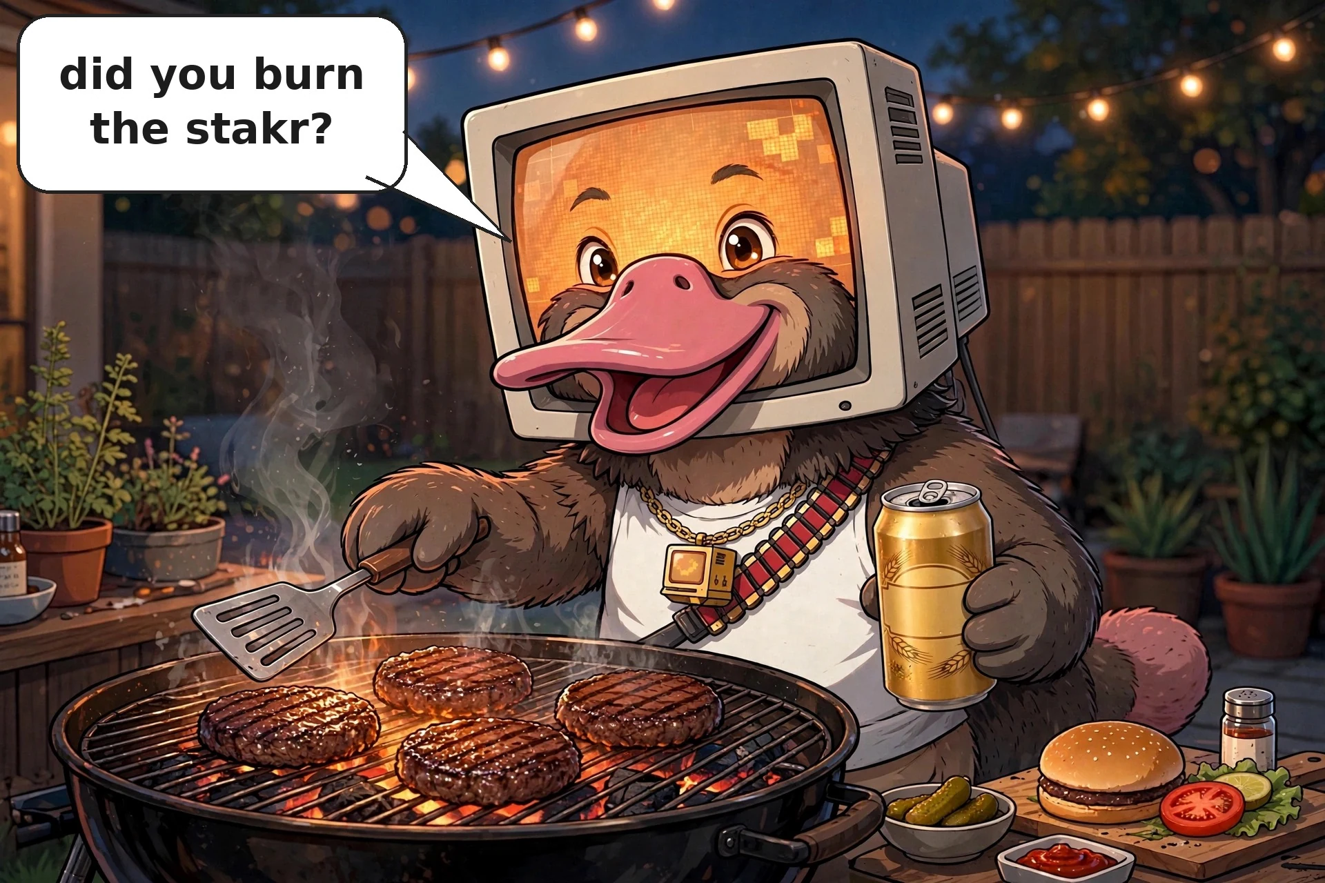 bozo at the grill with a cold one — did you burn the stakr?